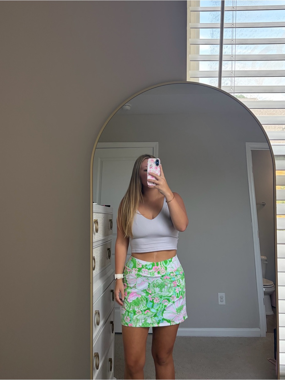 Lilly Pulitzer Green Floral Tennis Skirt with Pink Accents